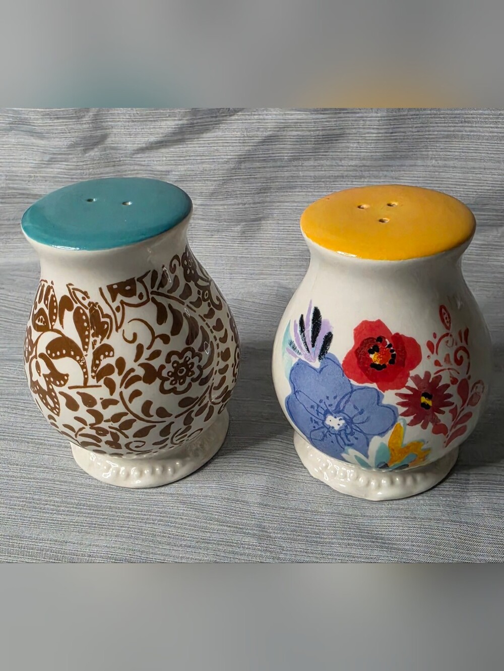 Ceramic Floral Salt and Pepper Shakers - Yellow & Teal Tops